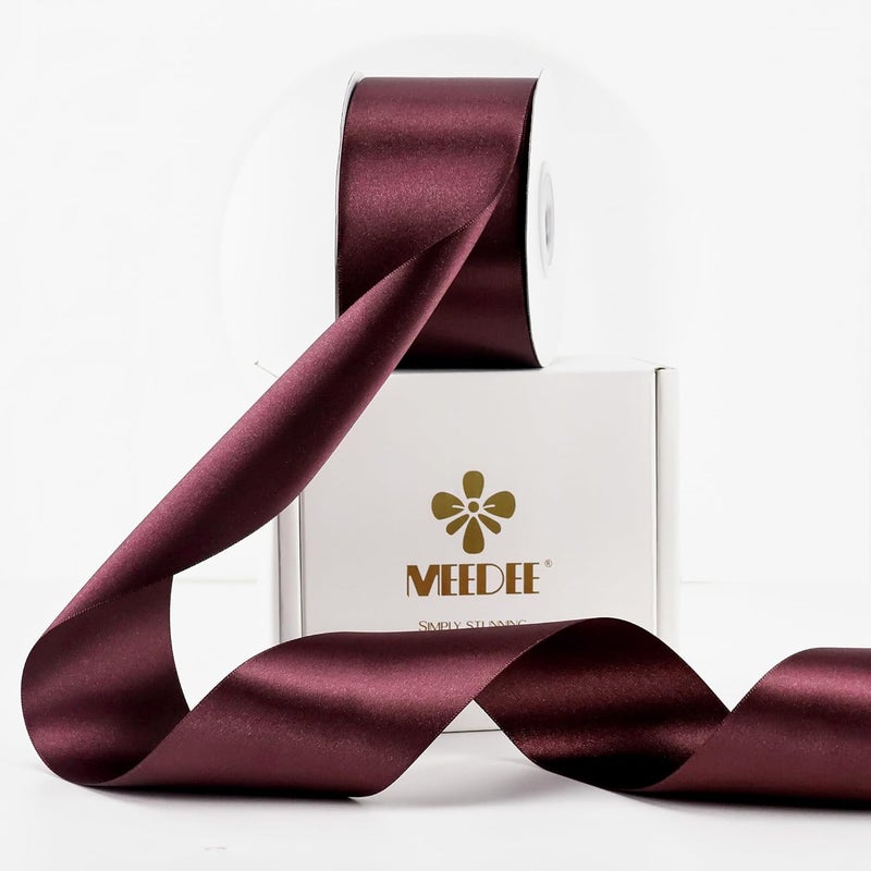 Meedee Satin Ribbon 2 inch Wide Double Faced Burgundy Ribbon for Christmas Tree, Crafts, Weddings, Flower Bouquet - Image 1